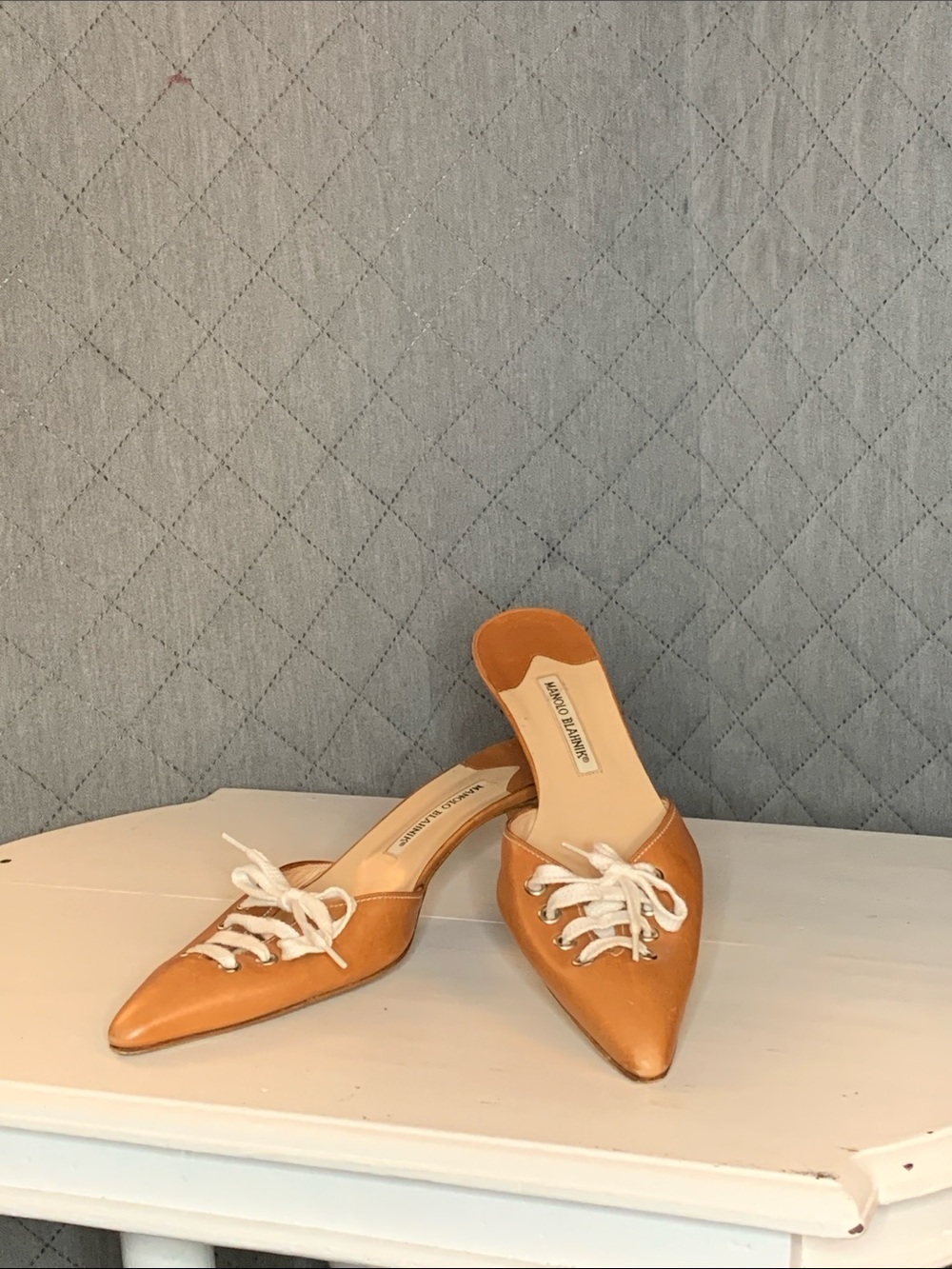 #240 STUDIO AMELIA Tan Vintage Pointed Mule with White Lace-Up Detail